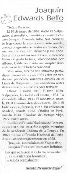 Joaquín Edwards Bello  [artículo] Hernán Navarrete Rojas