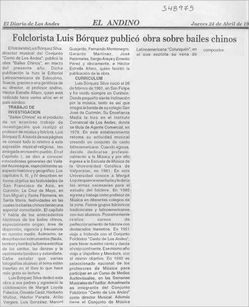 Folclorista Luis Bórquez publicó obra sobre bailes chinos  [artículo]