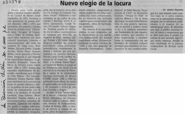 Nuevo elogio de la locura  [artículo] Ramón Riquelme