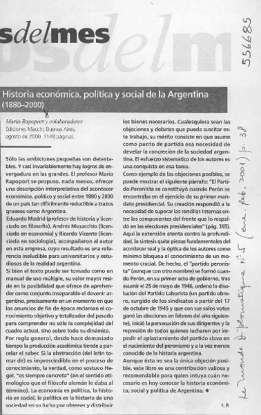 Historia económica, política y social de la Argentina (1880-2000)  [artículo]