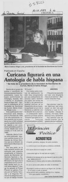 Curicana figurará en una antología de habla hispana  [artículo]