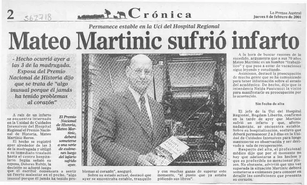 Mateo Martinic sufrió infarto  [artículo].