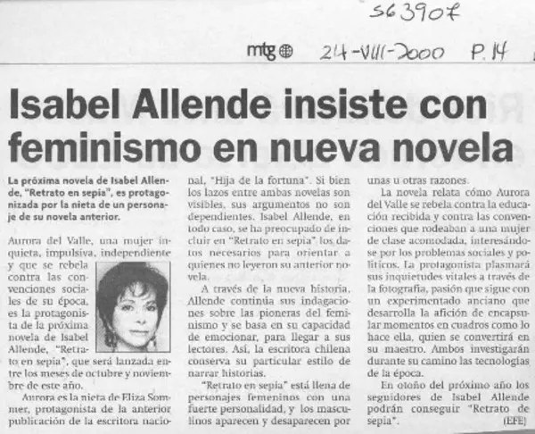 Isabel Allende insiste con feminismo en nueva novela  [artículo].