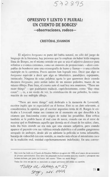 Opresivo y lento plural:Un cuento de Borges  [artículo] Cristobal Joannon