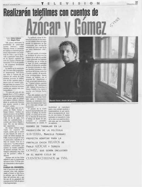 Realizarán telefilmes con cuentos de Azócar y Gómez  [artículo] Estela Cabezas