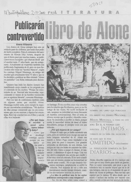 Publicarán controvertido libro de Alone  [artículo] Ximena Villanueva.