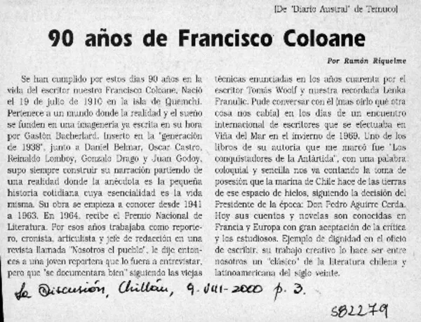 90 años de Francisco Coloane  [artículo] Ramón Riquelme