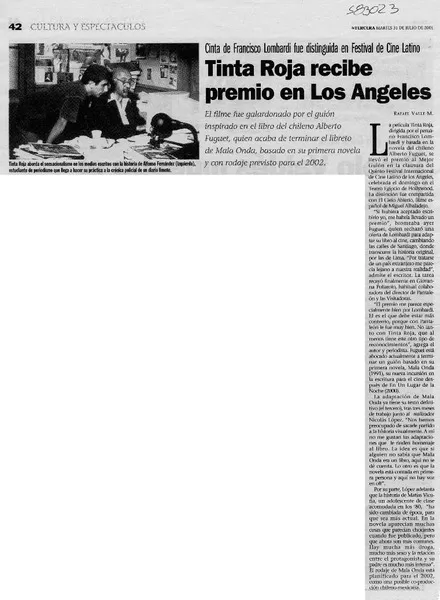 Tinta Roja recibe premio en Los Angeles  [artículo] Rafael Valle M.