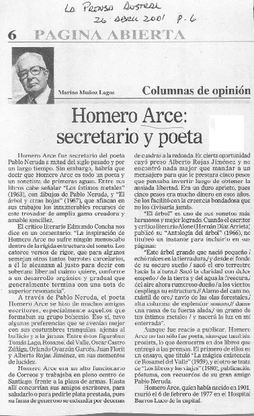 Homero Arce, secretario y poeta  [artículo] Marino Muñoz Lagos