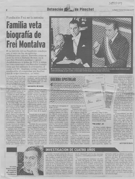 Familia veta biografía de Frei Montalva  [artículo] María Isabel de Martini