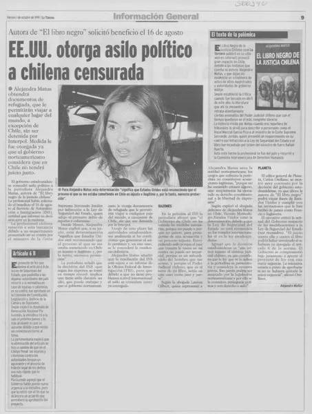 EE.UU. otorga asilo político a chilena censurada  [artículo] Alejandra Muñoz