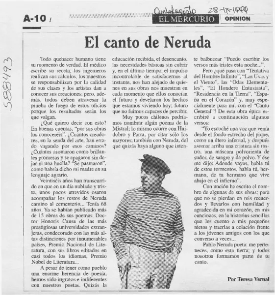 El canto de Neruda  [artículo] Teresa Vernal.