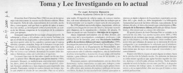 Toma y lee investigando en lo actual  [artículo] Juan Antonio Massone