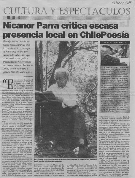 Nicanor Parra critica escasa presencia local en Chilepoesía  [artículo] Andrés Gómez
