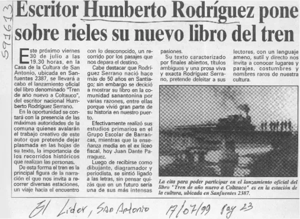 Escritor Humberto Rodríguez pone sobre rieles su nuevo libro del tren  [artículo]