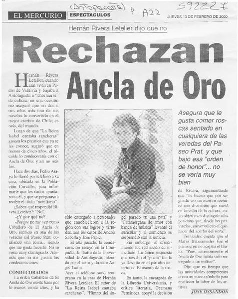 Rechazan ancla de oro  [artículo] José Ossandón.