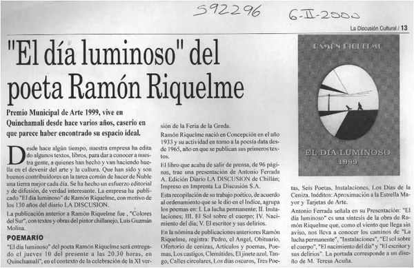 "El día luminoso" del poeta Ramón Riquelme  [artículo]