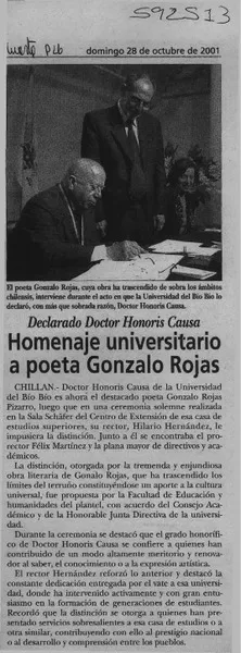 Homenaje universitario a poeta Gonzalo Rojas  [artículo].