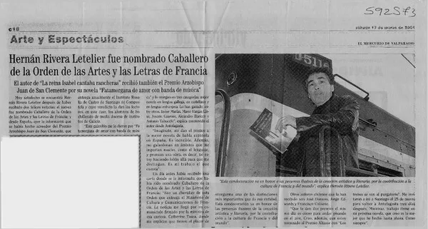 Hernán Rivera Letelier fue nombrado Caballero de la Orden de las Artes y las Letras de Francia  [artículo]