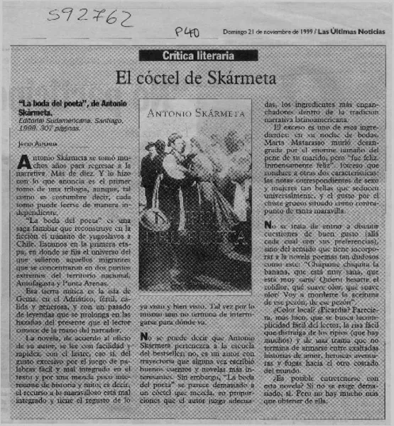 El cóctel de Skármeta  [artículo] Javier Aspurúa