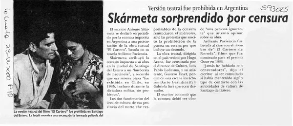 Skármeta sorprendido por censura  [artículo].