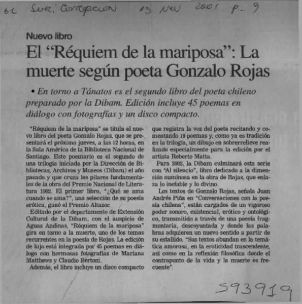 El "Réquiem de la mariposa", la muerte según poeta Gonzalo Rojas  [artículo]