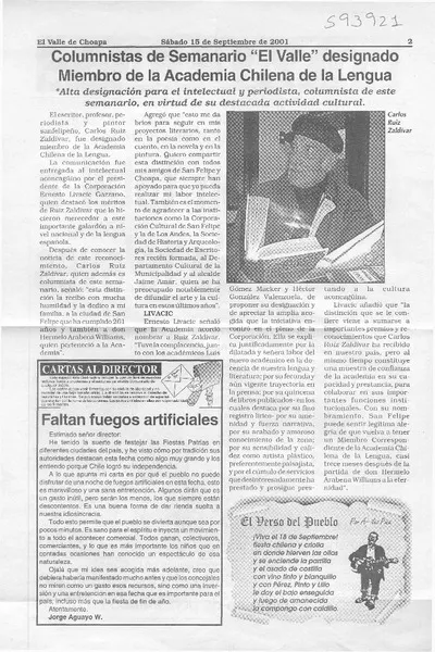 Columnistas de Semanario "El Valle" designado Miembro de la Academia Chilena de la Lengua  [artículo]
