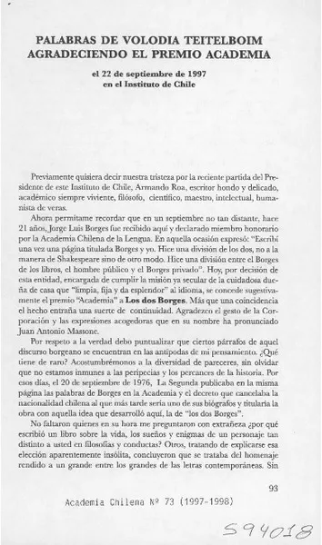 Palabras de Volodia Teitelboim agradeciendo el Premio Academia  [artículo]
