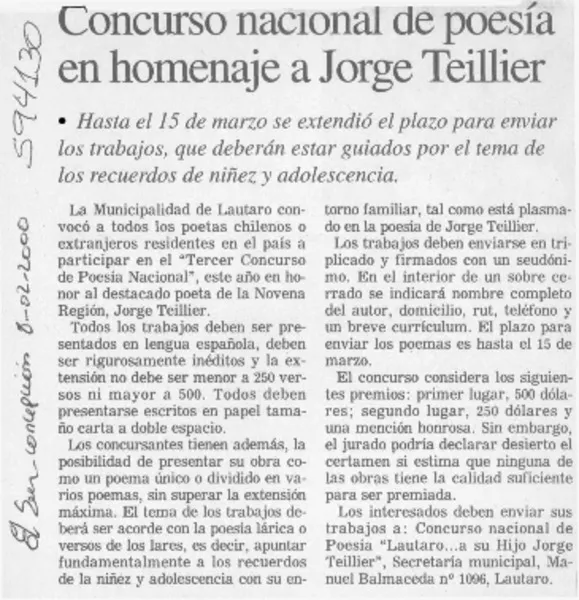 Concurso nacional de poesía en homenaje a Jorge Teillier  [artículo]