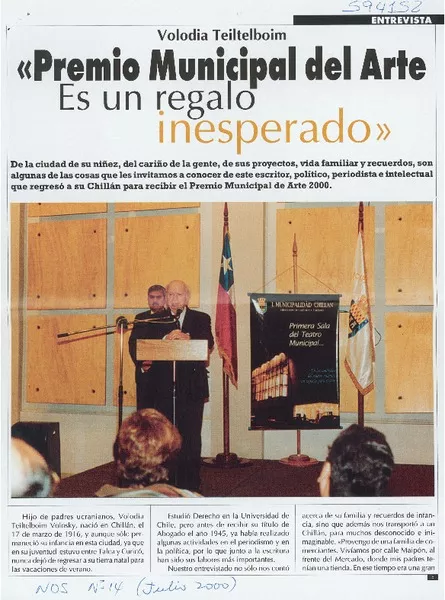 "Premio Municipal del Arte es un regalo inesperado"  [artículo]