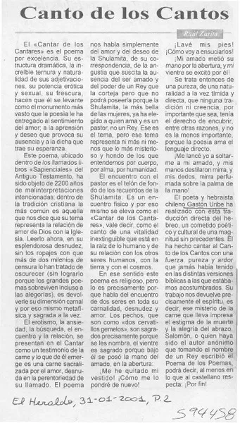 Canto de cantos  [artículo] Raúl Zurita
