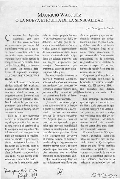 Mauricio Wacquez o la nueva etiqueta de la sensualidad  [artículo] Juan Ignacio Iturria