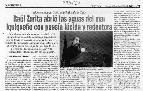 Raúl Zurita abrió las aguas del mar iquiqueño con poesía lúcida y redentora  [artículo] Pedro Marambio Vásquez