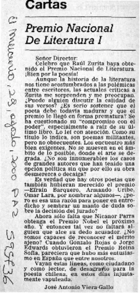 Premio Nacional de Literatura I  [artículo] José Antonio Viera-Gallo