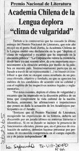 Academia Chilena de la Lengua deplora "clima de vulgaridad".  [artículo]