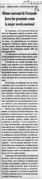 Himno nacional de Fernando Jerez fue premiado como la mejor novela nacional  [artículo]