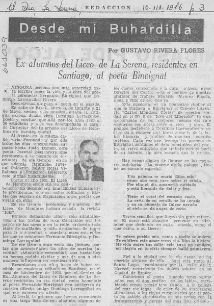 Ex-alumnos del Liceo de La Serena, residentes en Santiago, al poeta Binvignat  [artículo] Gustavo Rivera Flores.