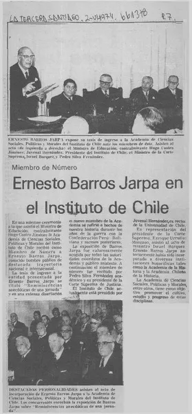 Ernesto Barros Jarpa en el Instituto de Chile.  [artículo]