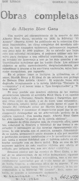 Obras completas de Alberto Blest Gana.  [artículo] Gonzalo Drago