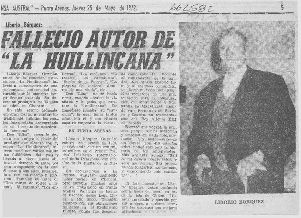 Falleció autor de "La Huillincana".  [artículo]