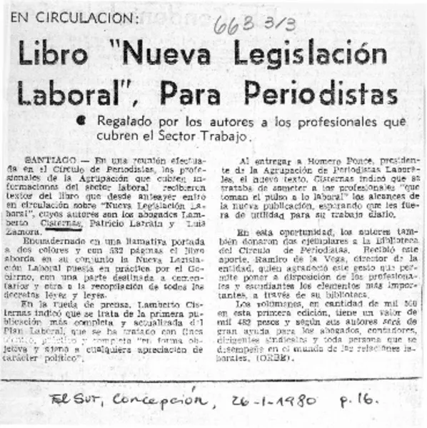 Libro "nueva legislación laboral", para periodistas.  [artículo]