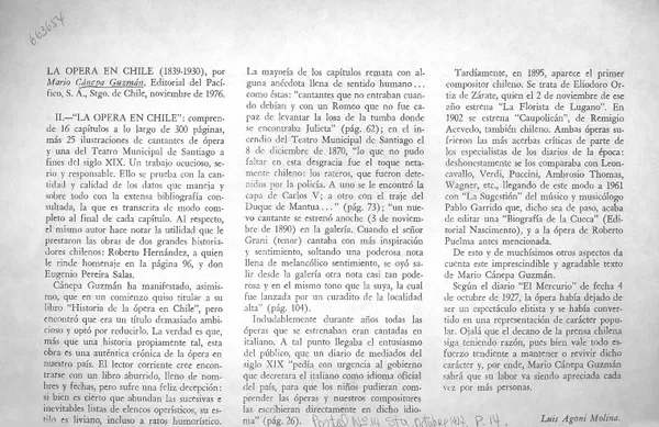 La Opera en Chile  [artículo] Luis Agoni Molina.