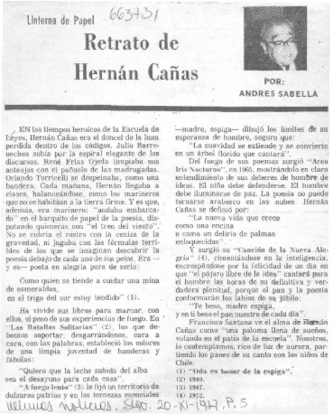 Retrato de Hernán Cañas  [artículo] Andrés Sabella.