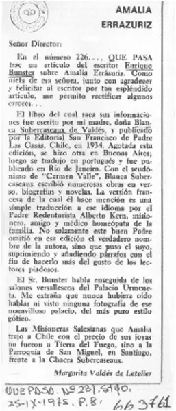 Amalia Errázuriz.  [artículo] Margarita Valdés de Letelier.