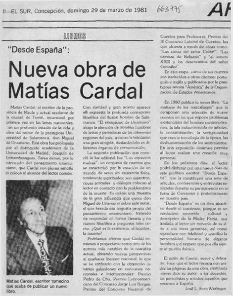 Nueva obra de Matías Cardal  [artículo] José L. Soto Werlinger.