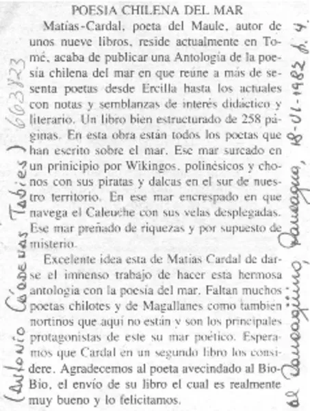 Poesía chilena del mar  [artículo] Antonio Cárdenas Tabies.