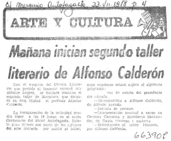 Mañana inician segundo taller literario de Alfonso Calderón.  [artículo]