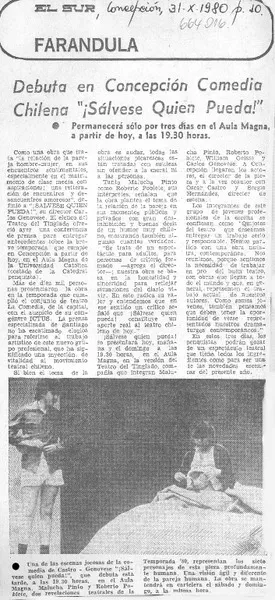 Debuta en Concepción comedia chilena "¡Sálvese quien pueda!".  [artículo]