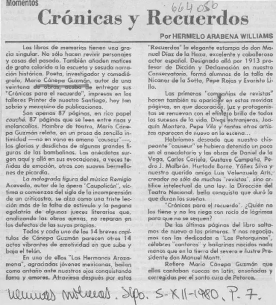 Crónicas y recuerdos  [artículo] Hermelo Arabena Williams.