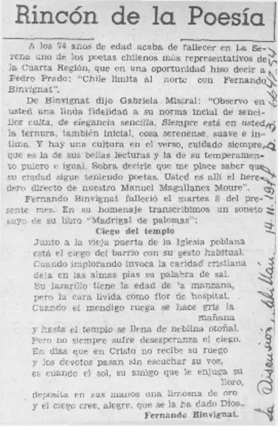 Rincón de la poesía  [artículo] Fernando Binvignat.